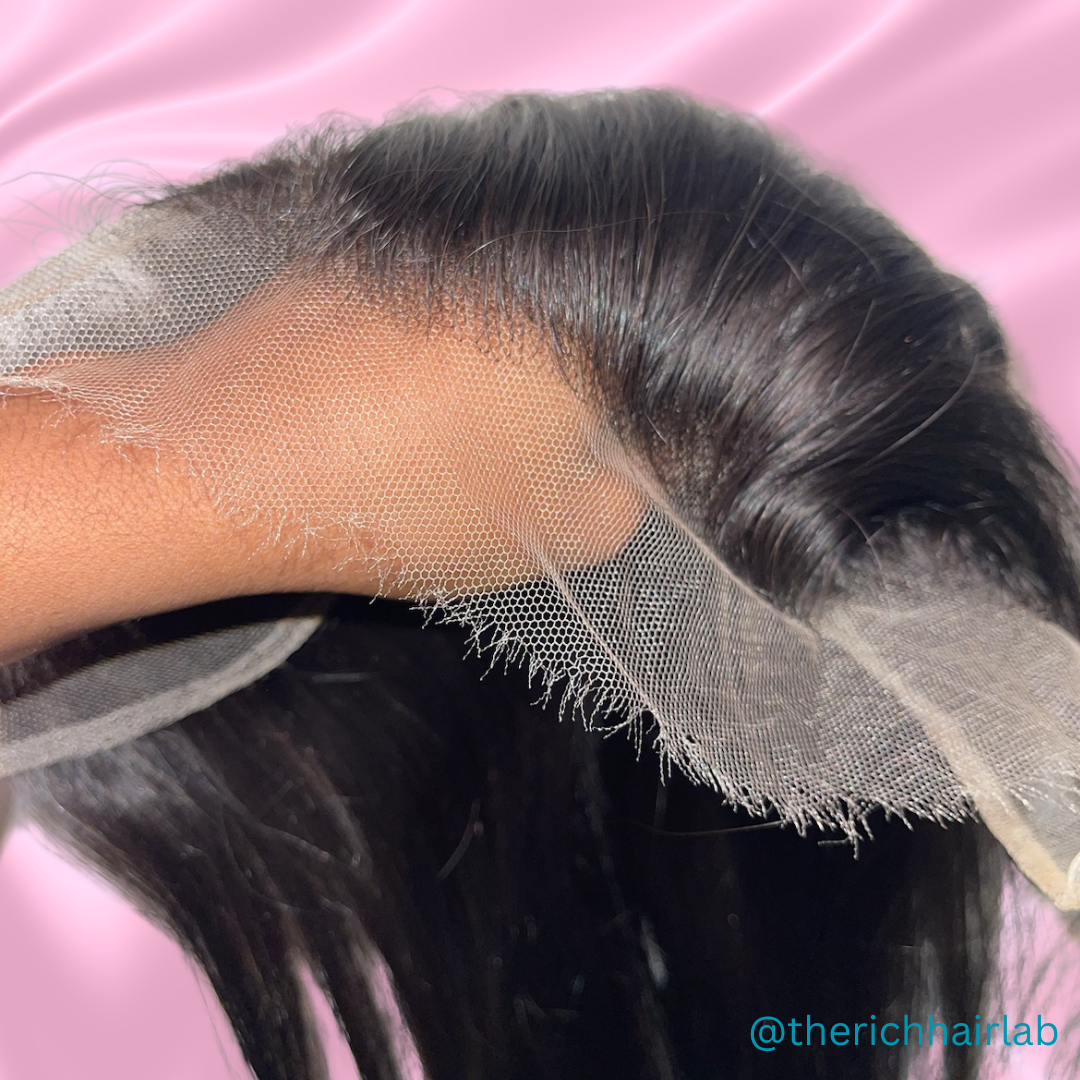 Close-up of 13x6 Raw FRONTAL showing natural hairline and lace details for versatile hairstyles.
